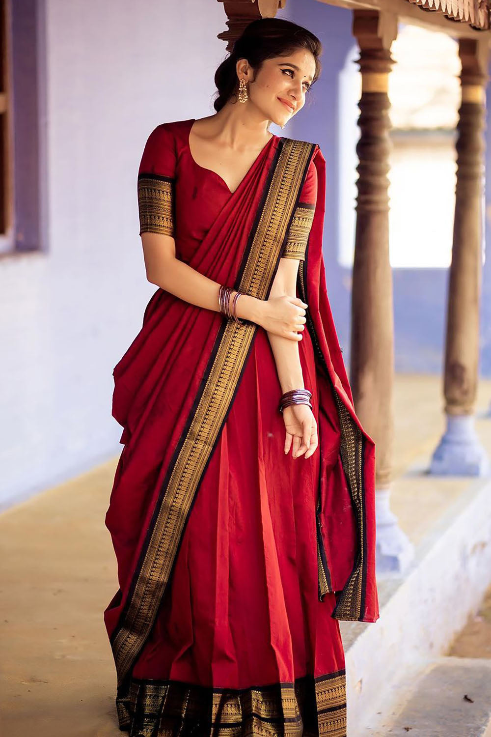 Red Stylish Cotton Silk Jacquard Half Lehenga Saree