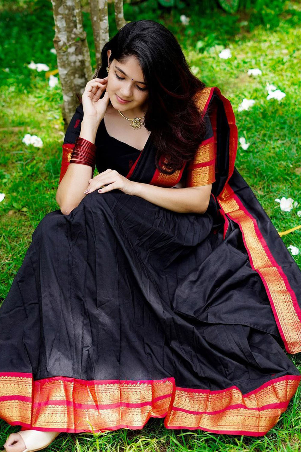 Black Stylish Cotton Silk Jacquard Half Lehenga Saree