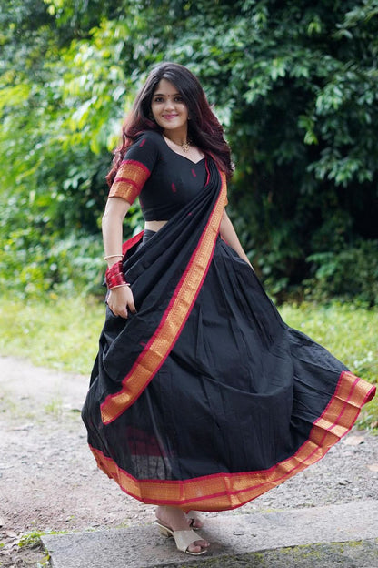 Black Stylish Cotton Silk Jacquard Half Lehenga Saree