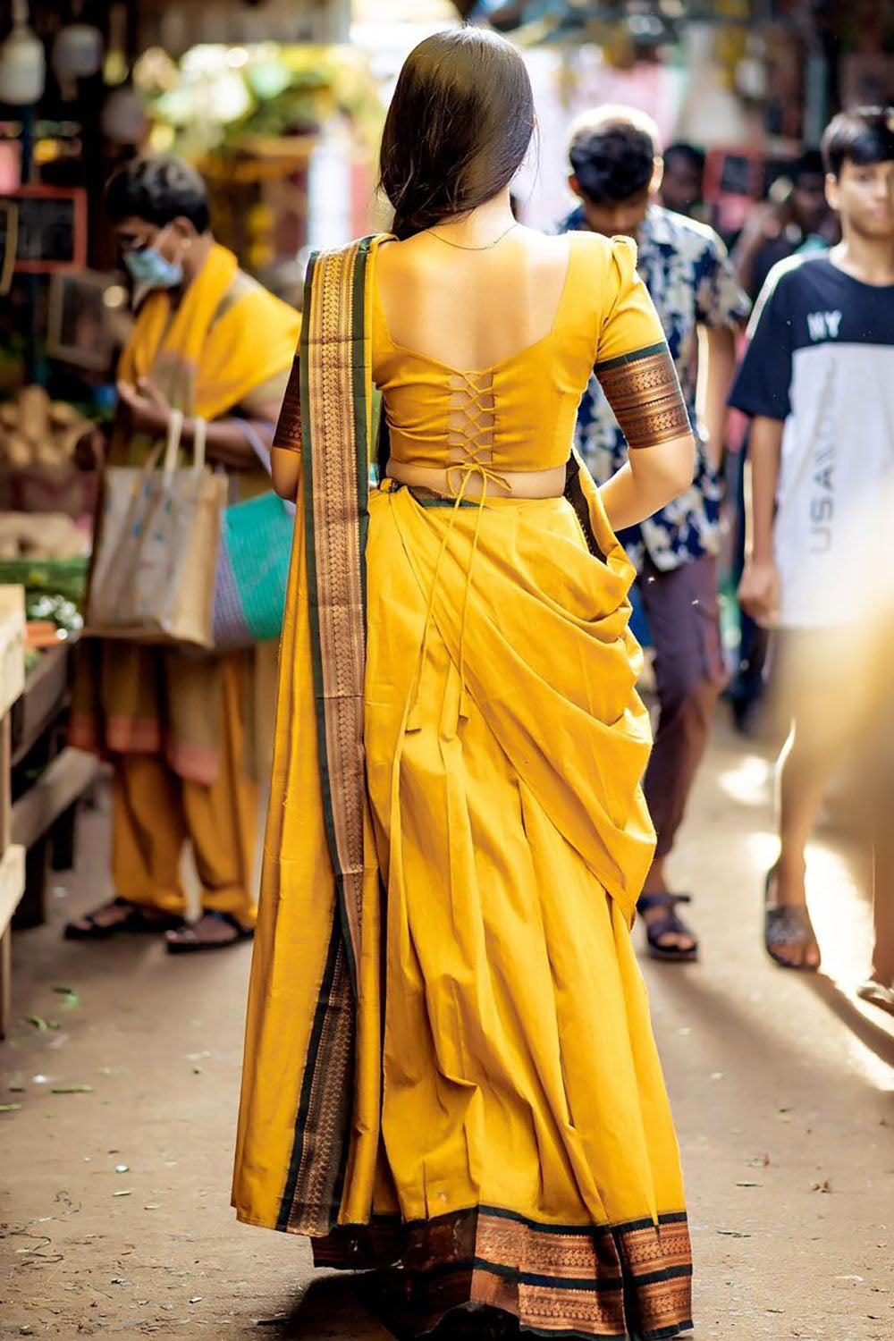 Yellow Stylish Cotton Silk Jacquard Half Lehenga Saree