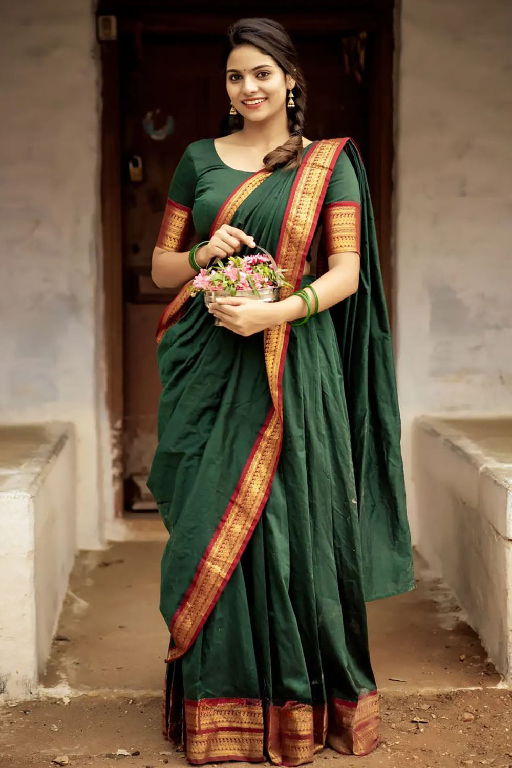 Green Stylish Cotton Silk Jacquard Half Lehenga Saree