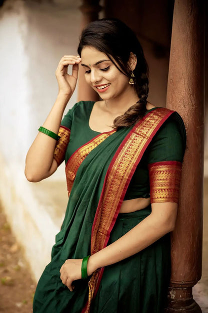 Green Stylish Cotton Silk Jacquard Half Lehenga Saree