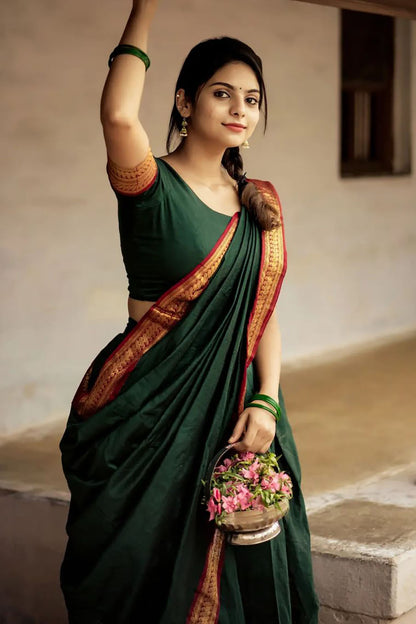 Green Stylish Cotton Silk Jacquard Half Lehenga Saree