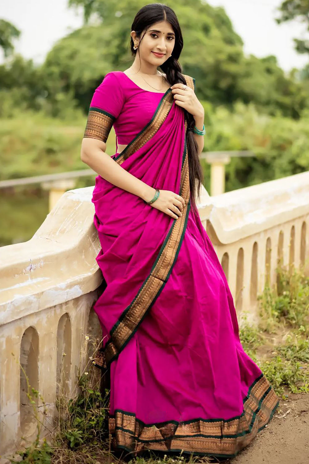 Pink Stylish Cotton Silk Jacquard Half Lehenga Saree