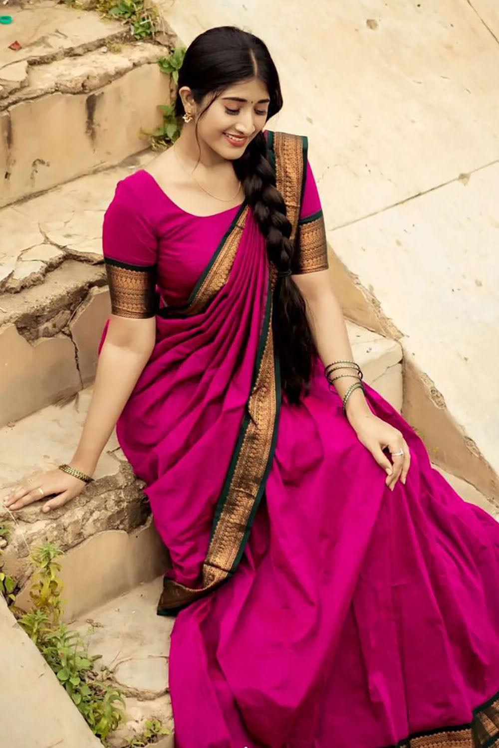 Pink Stylish Cotton Silk Jacquard Half Lehenga Saree