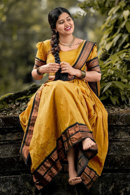 Yellow Stylish Cotton Silk Jacquard Half Lehenga Saree