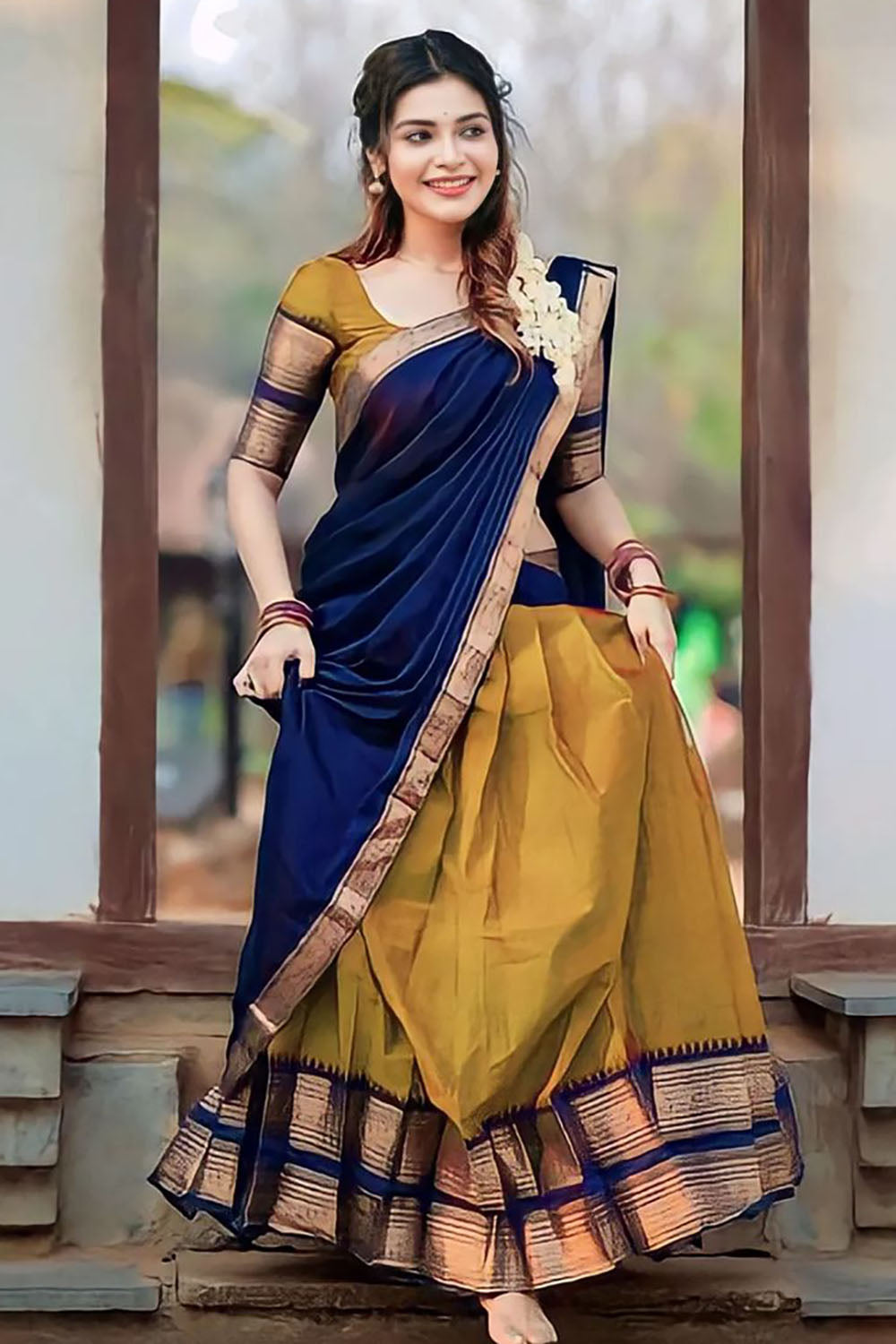 Yellow Narayanpeth Cotton Silk Jacquard Half Lehenga Saree