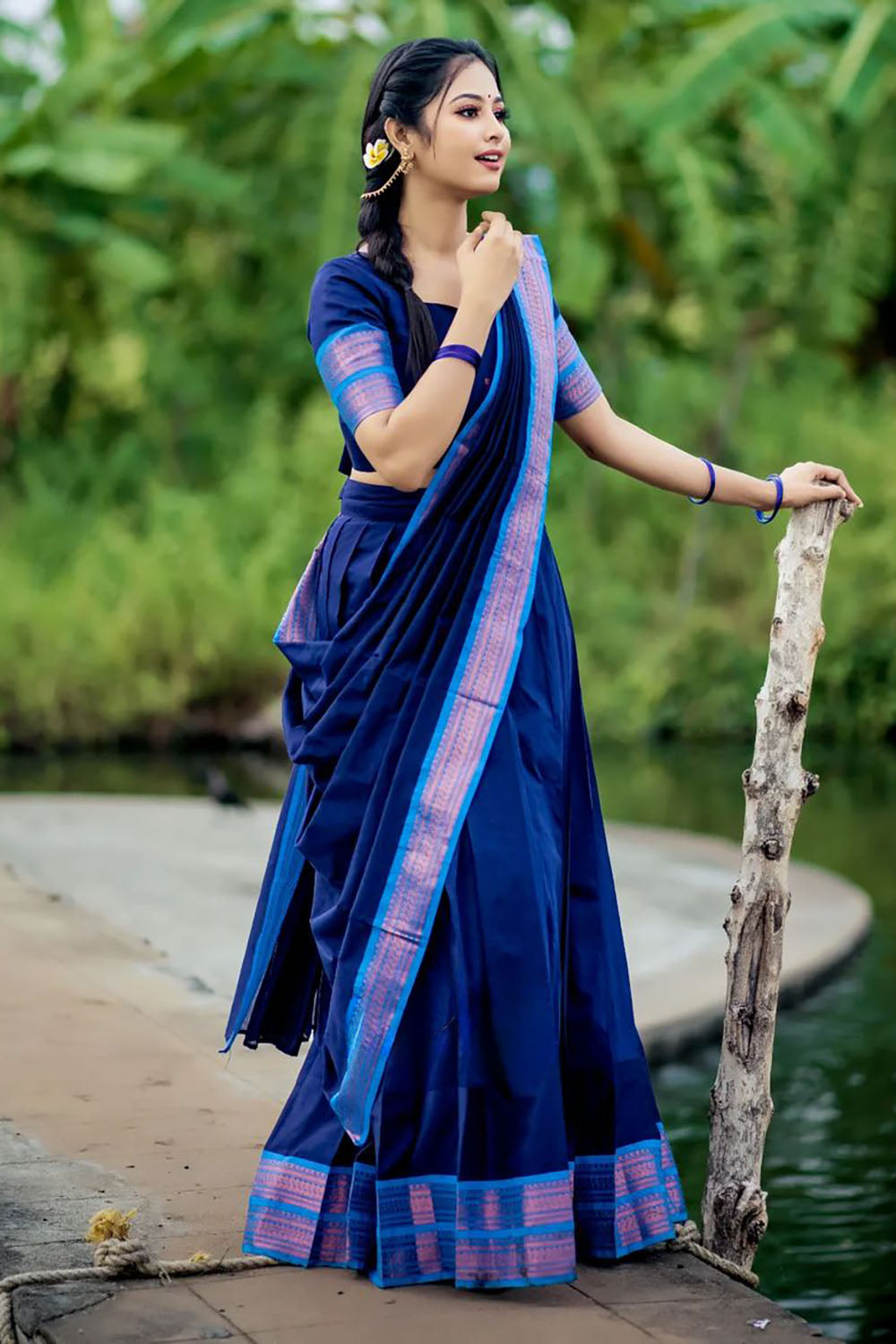 Blue Stylish Cotton Silk Jacquard Half Lehenga Saree