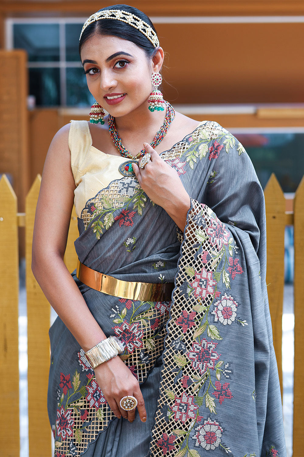 Beautiful steel grey kanchivaram silk saree with rose gold border and pink  zari pallu. – Meshira