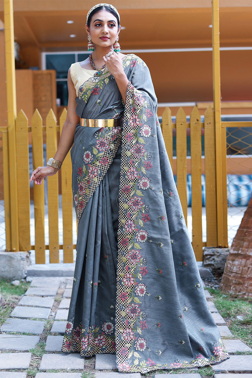 Aasam silk saree with cut work embroidered work