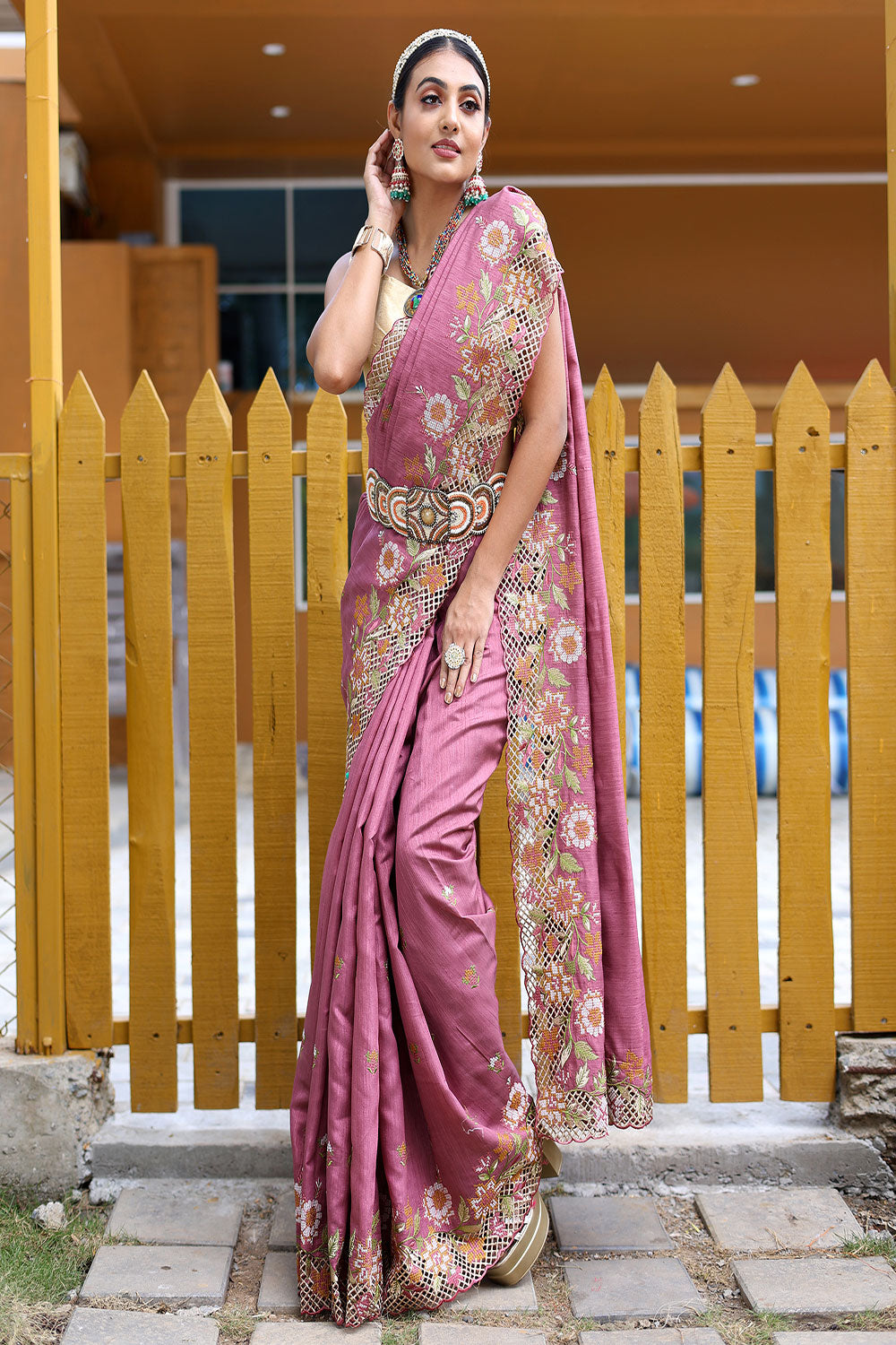 Party Wear, Wedding Wear Zari Designer Cut Embroidery Work Sarees Online at  Rs 2405 in Mumbai