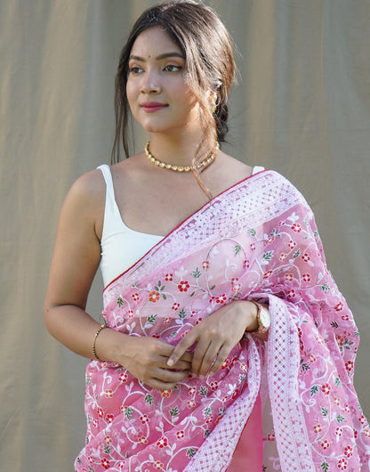 Pink Organza Saree With Embroidery  Handwork