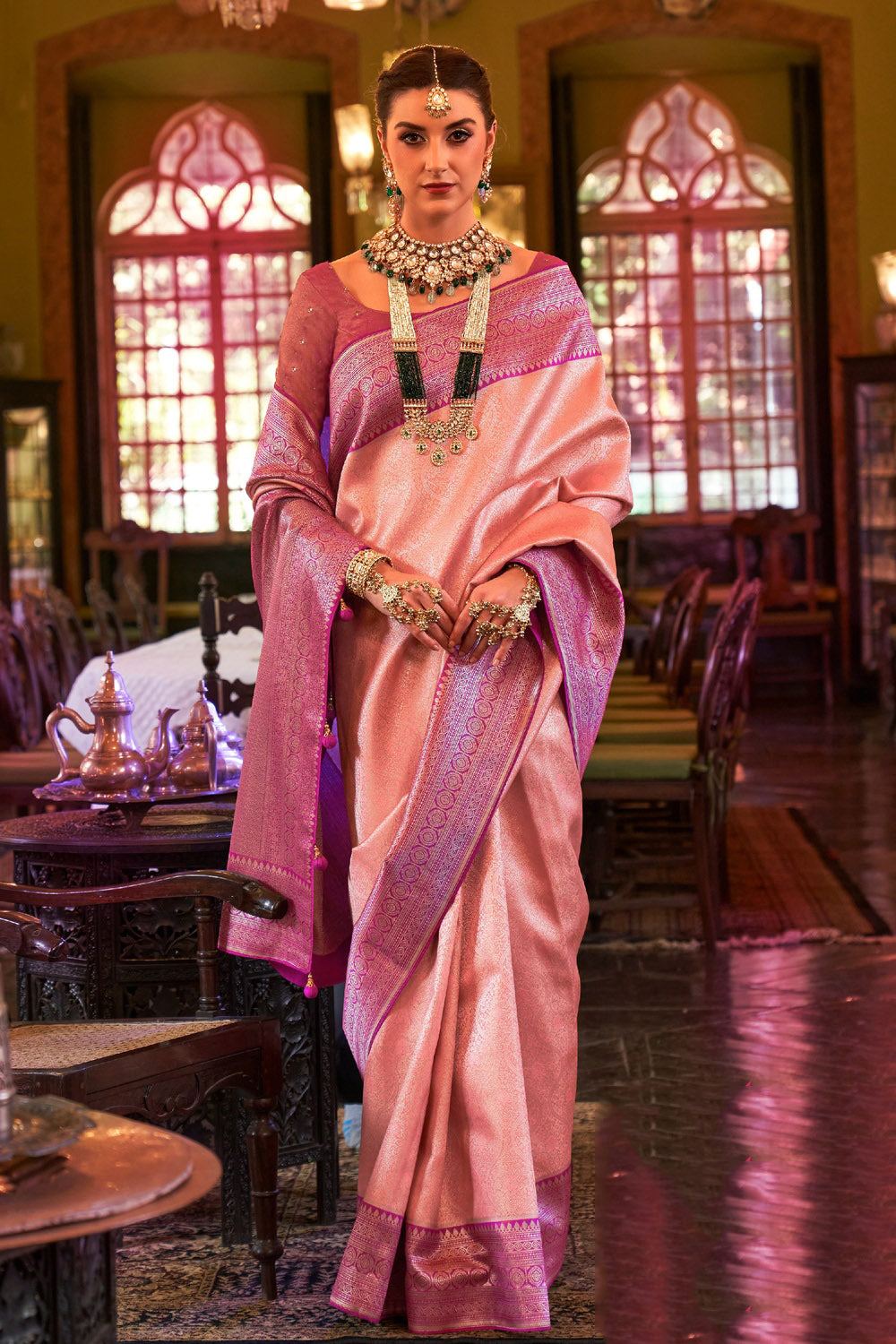 Pastel Peach Soft Handloom Kanjivaram Weaving Silk Saree | Kolour