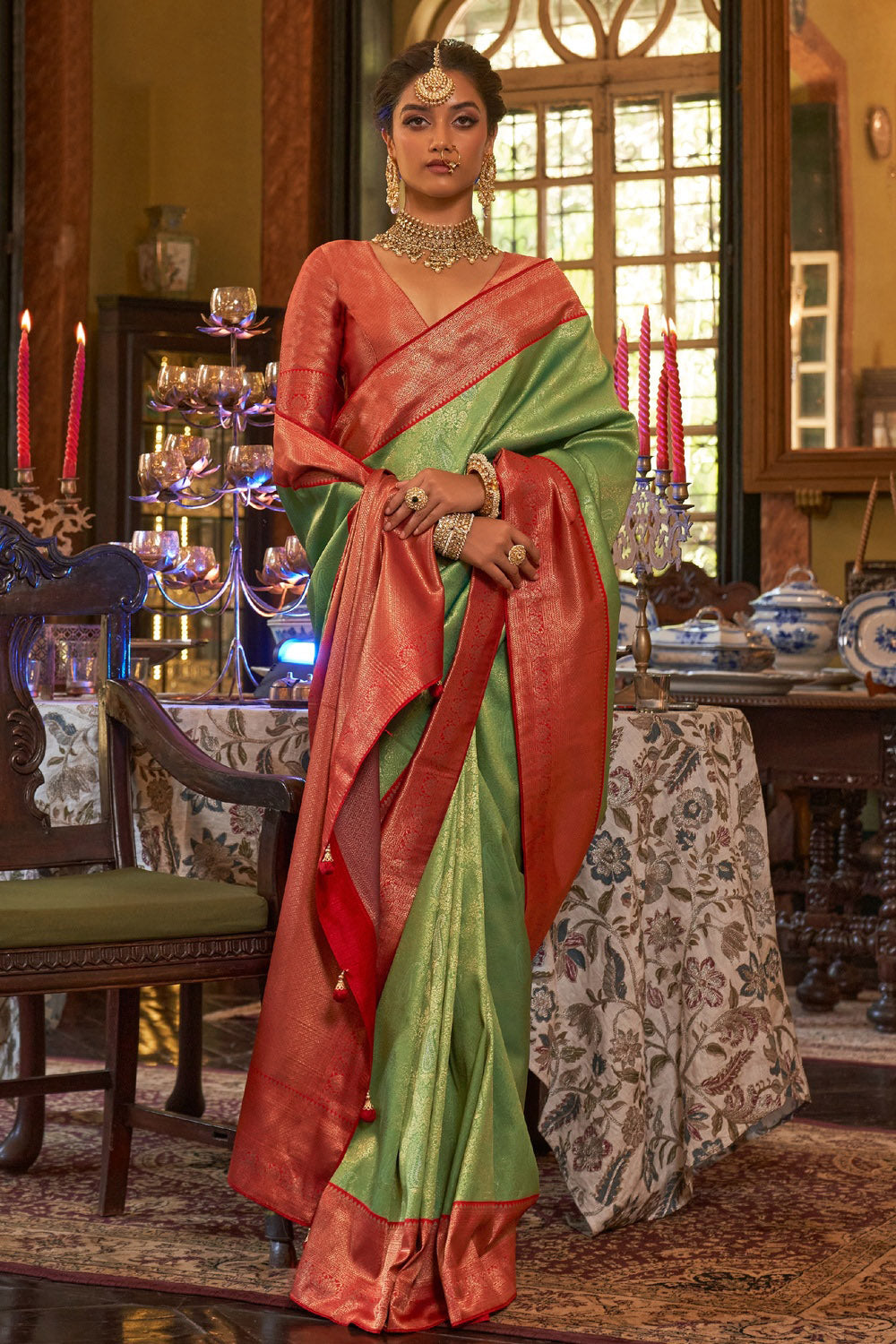 Parrot Green Paisley Synthetic Printed Saree