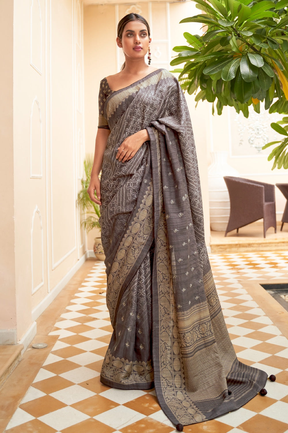 Black Khadi Soft Silk Saree With Copper Zari Weaving Work – Rushini