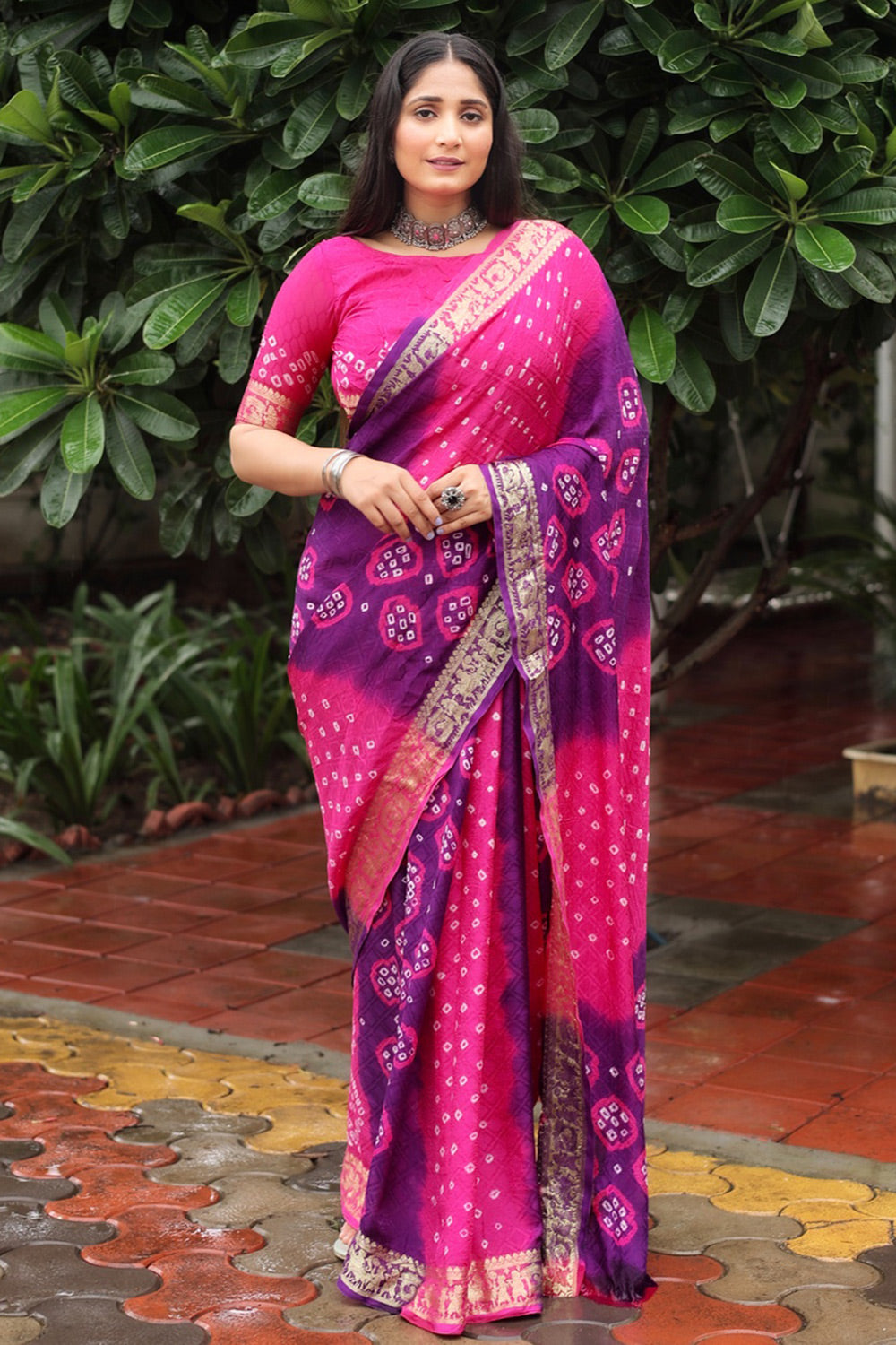 Pink Zari Weaving Bandhej Silk Saree – Maharani