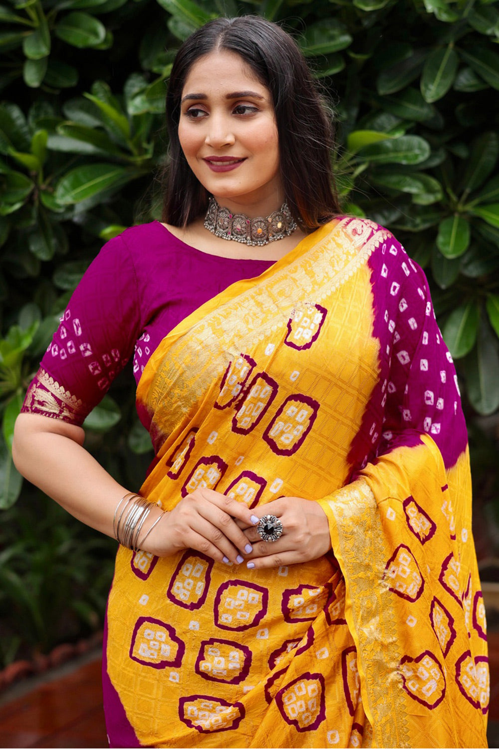 Embroidered Blouse With Lime Yellow Bandhej Saree