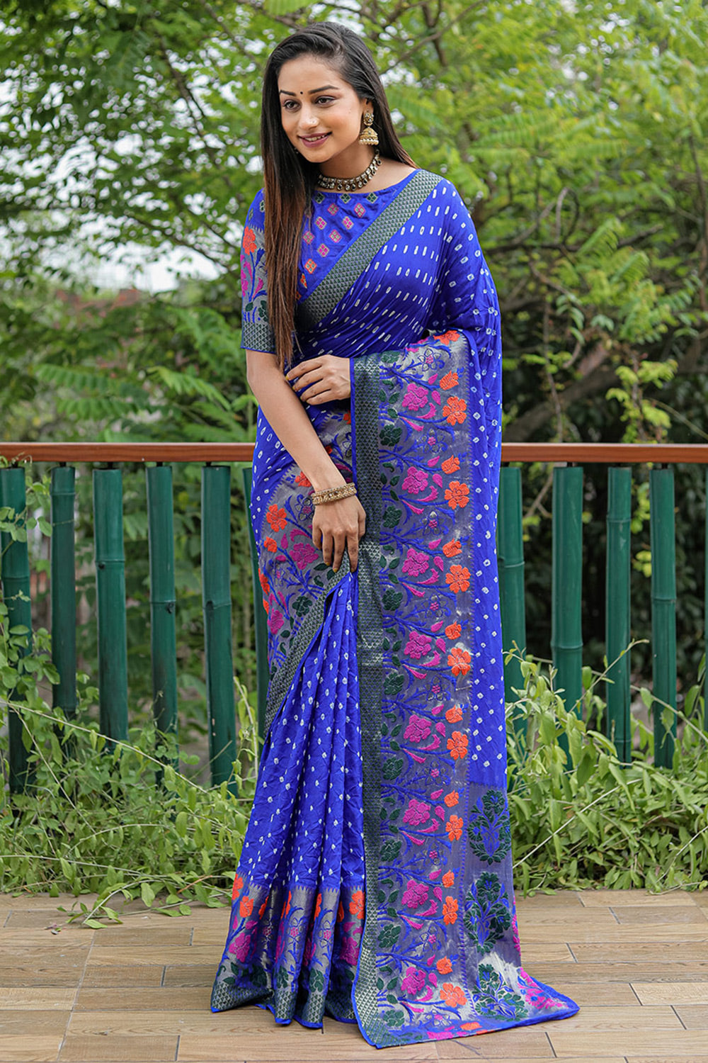 Sky Blue Silk Bandhej print Saree|SARV129579