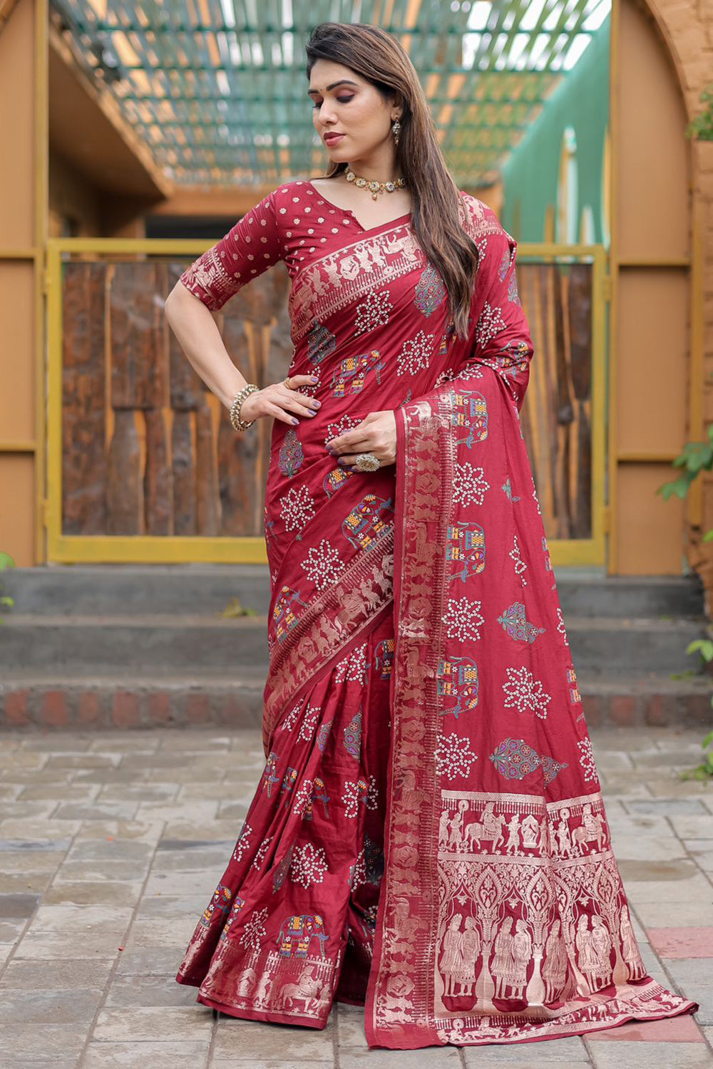 Maroon Bandhani Modal Silk Saree with Ajrakh Pallu