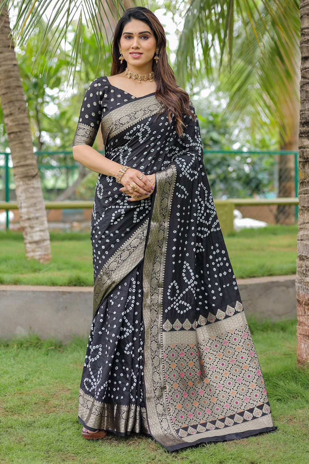 Black Bandhani Art Silk Saree | Order Now Banarasi Silk Saree Online