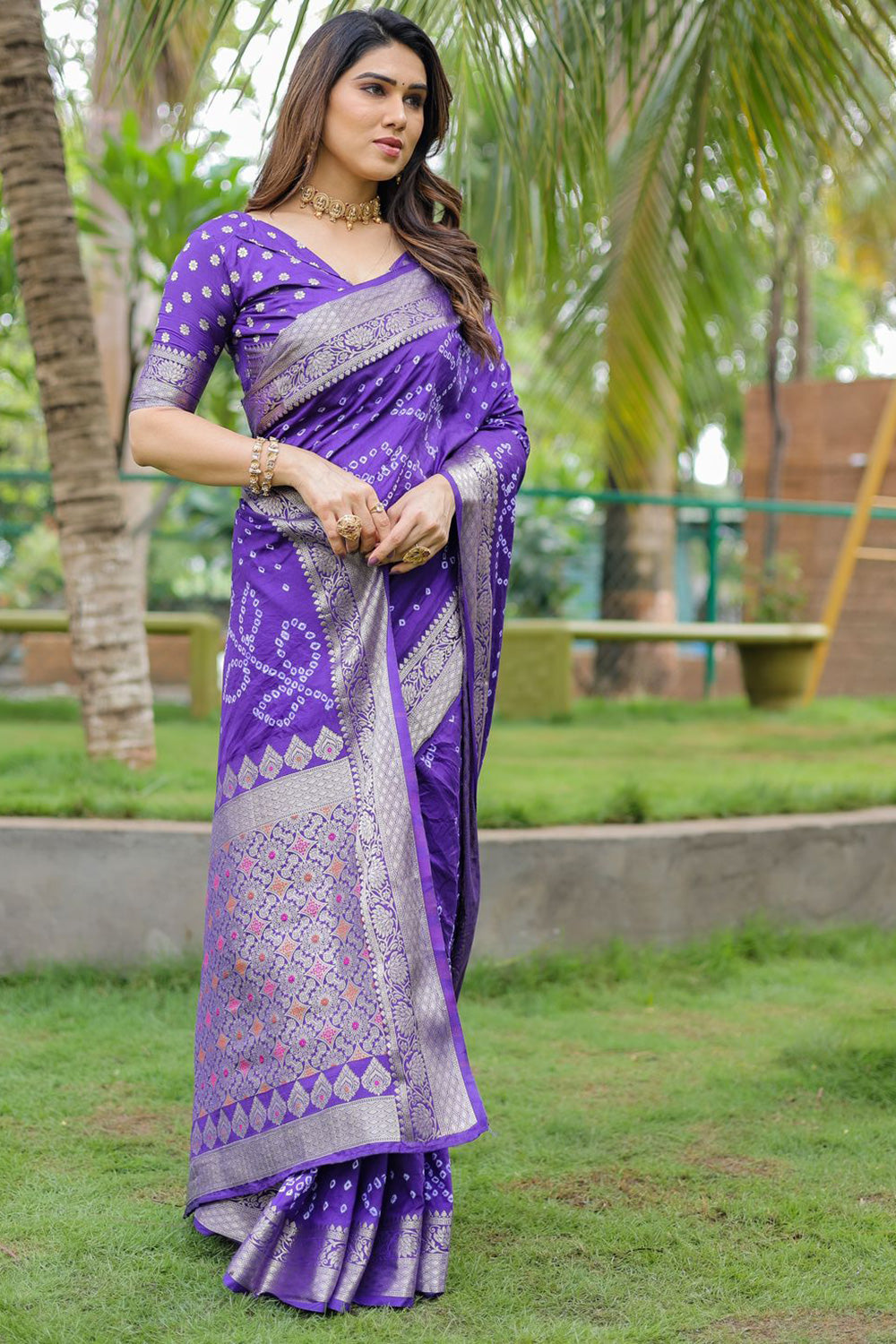 Purple Bandhani Saree with Zari border