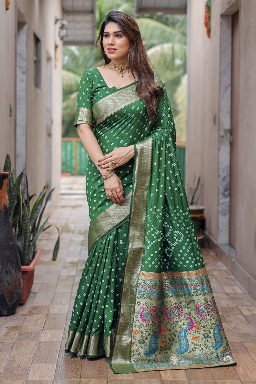 Green Embroidered Bandhani Saree in Gaji Silk – Khatri Jamnadas Bechardas