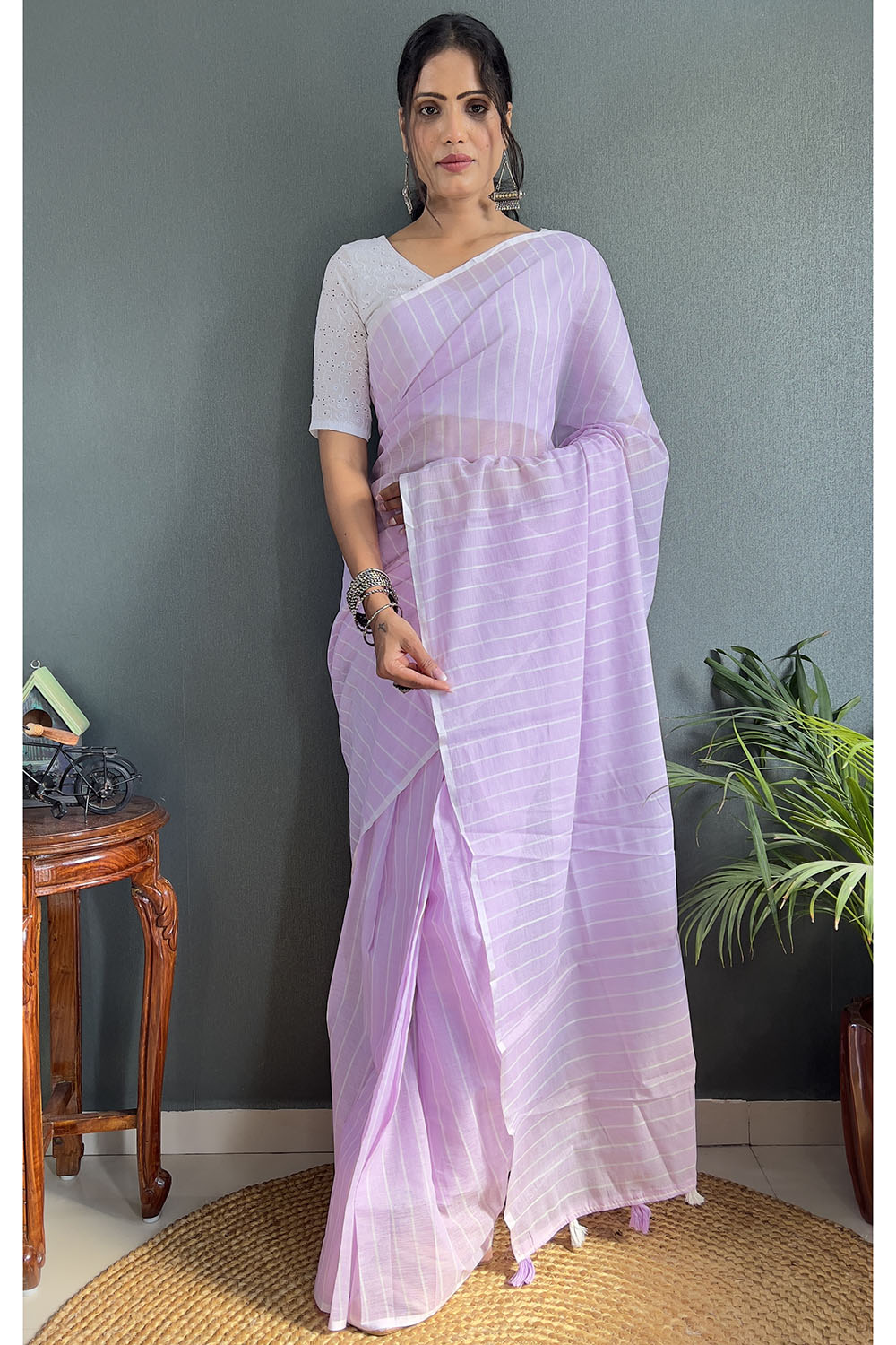 Lavender Cotton Striped Saree With Tassels On Pallu