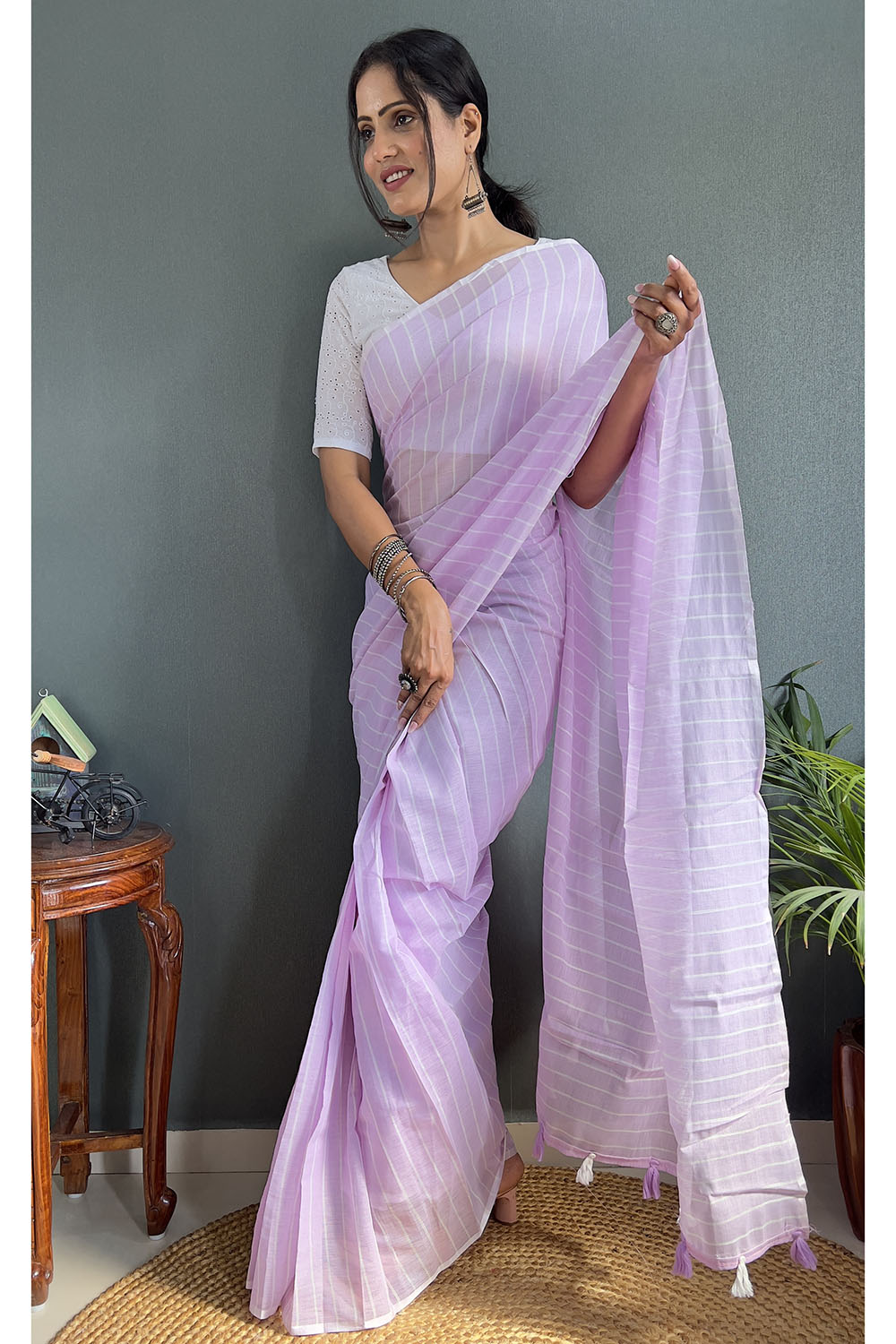 Lavender Cotton Striped Saree With Tassels On Pallu