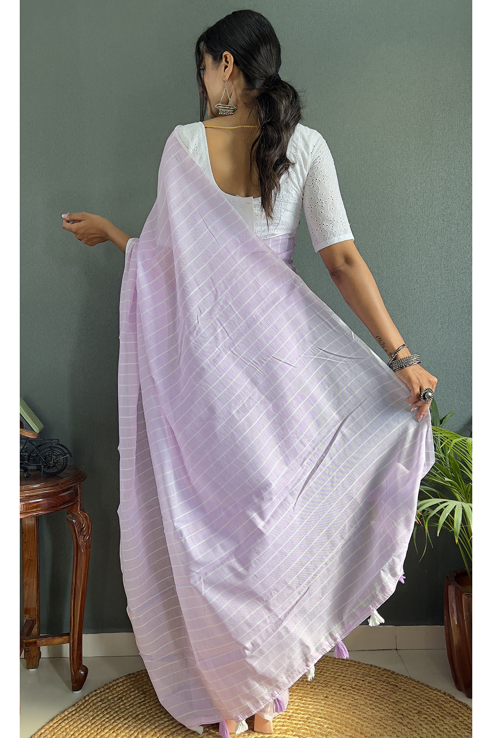 Lavender Cotton Striped Saree With Tassels On Pallu