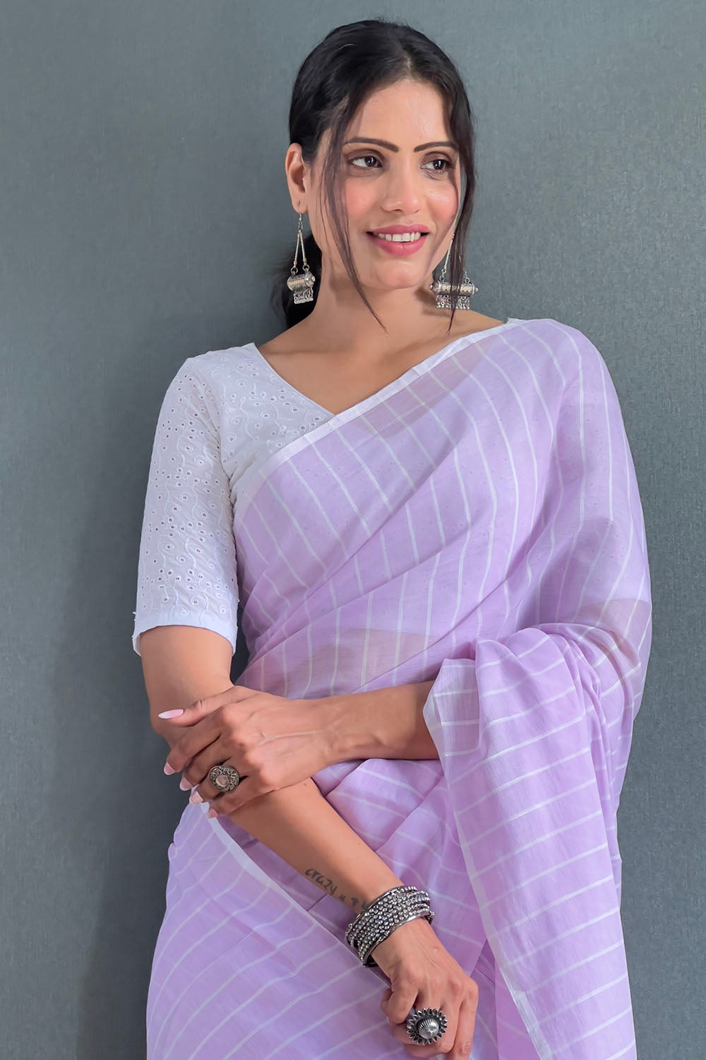 Lavender Cotton Striped Saree With Tassels On Pallu