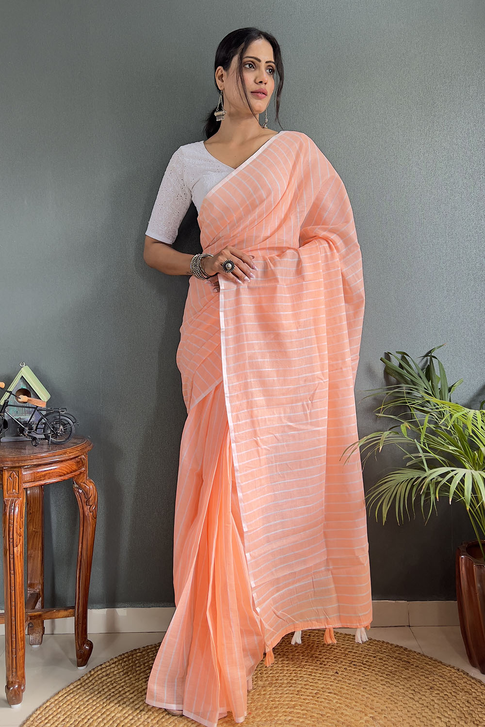 Orange Cotton Striped Saree With Tassels On Pallu