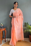 Orange Cotton Striped Saree With Tassels On Pallu