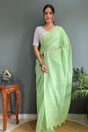 Green Cotton Striped Saree With Tassels On Pallu