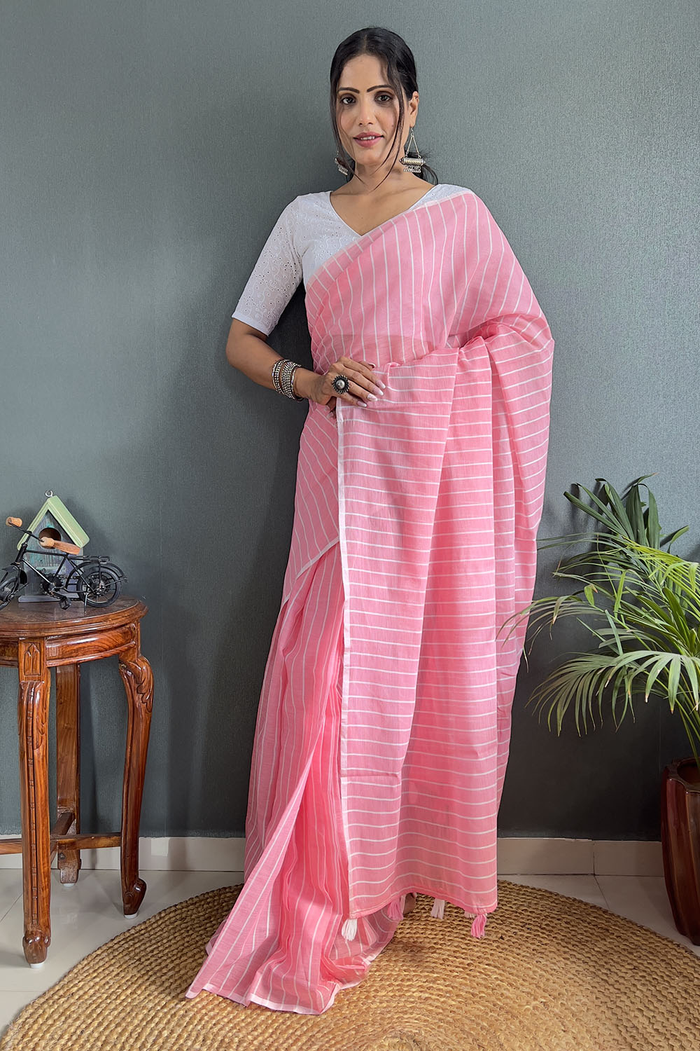 Light Pink Cotton Striped Saree With Tassels On Pallu