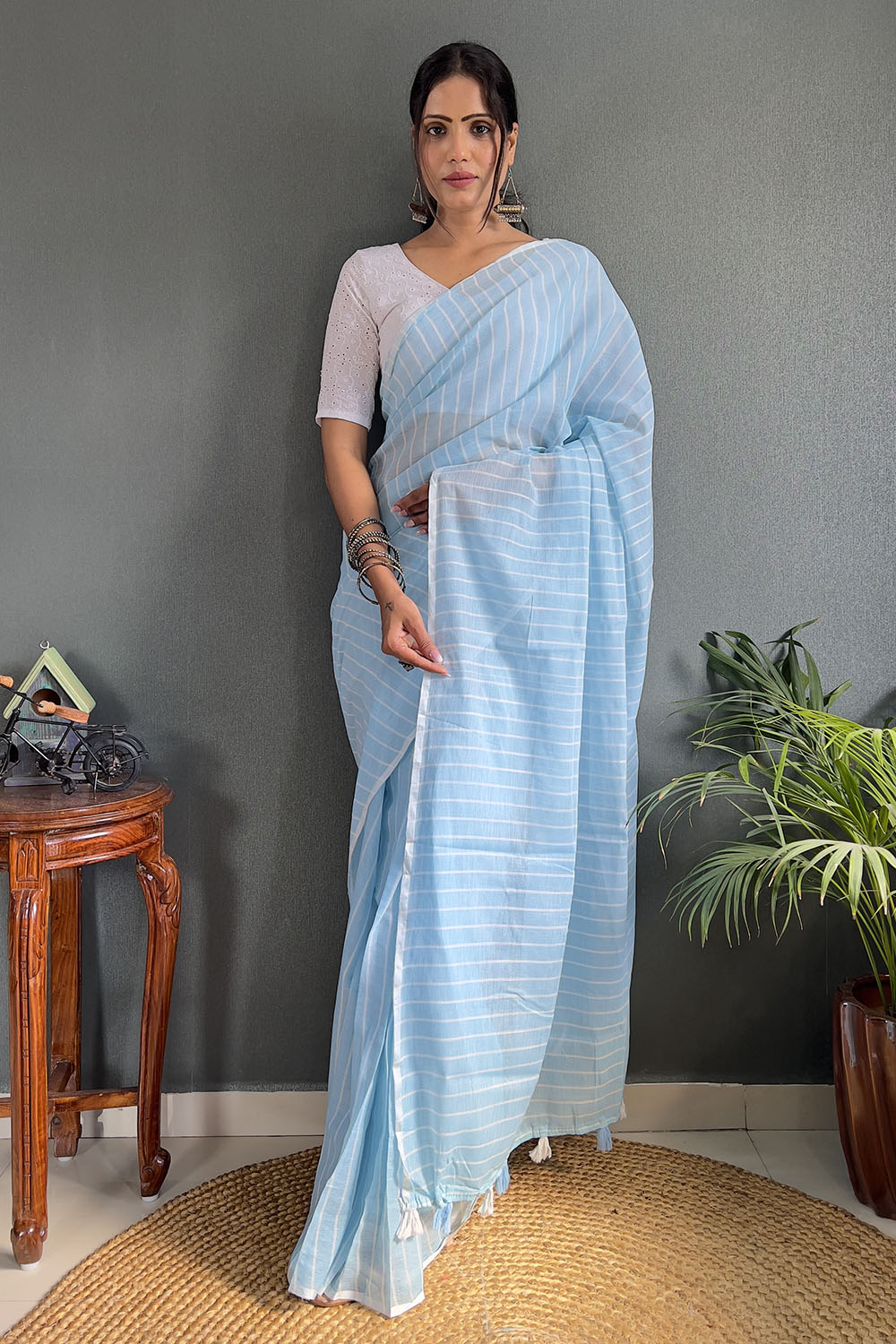 Sky Blue Cotton Striped Saree With Tassels On Pallu