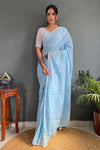 Sky Blue Cotton Striped Saree With Tassels On Pallu