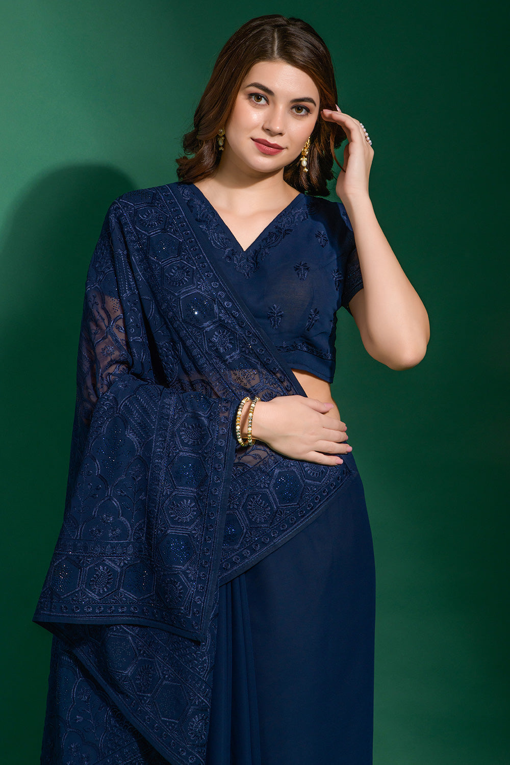 Navy Blue Heavy Embroidered Georgette Saree