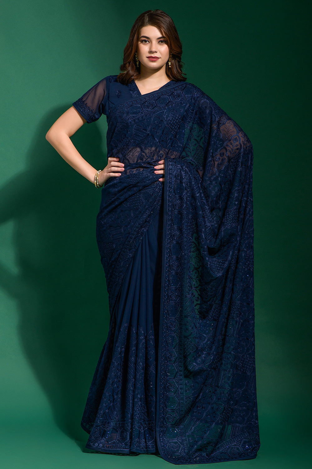 Embroidered Georgette Saree in Navy Blue : SCBA4020