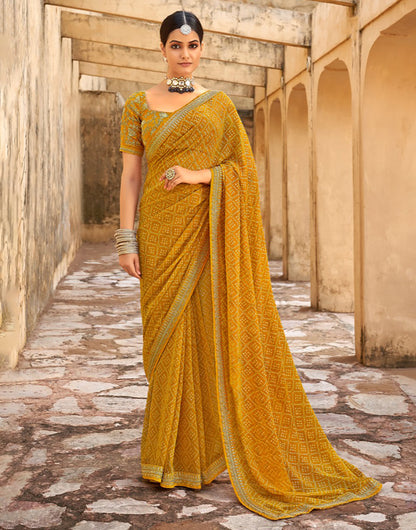 Mustard Yellow Bandhani Saree With Embroidery Work Blouse