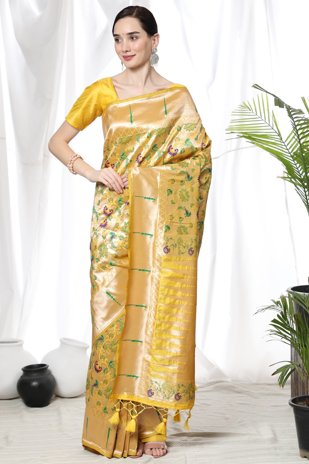 Yellow Paithani Silk Woven Saree With Blouse Latest 4530SR02