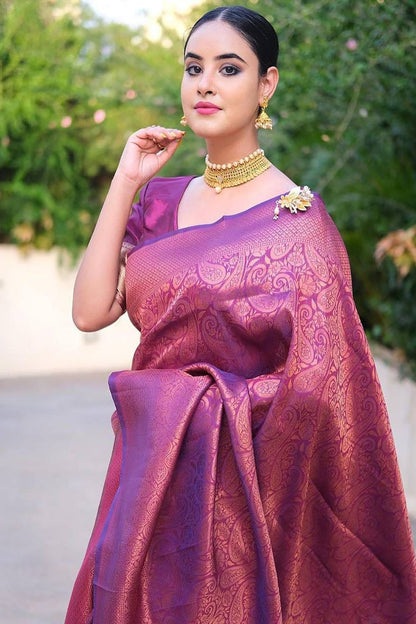 Shine Purple Banarasi Silk Saree With Zari Weaving Work