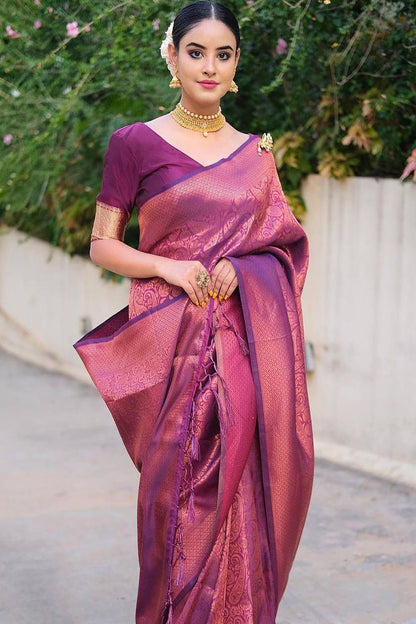 Shine Purple Banarasi Silk Saree With Zari Weaving Work