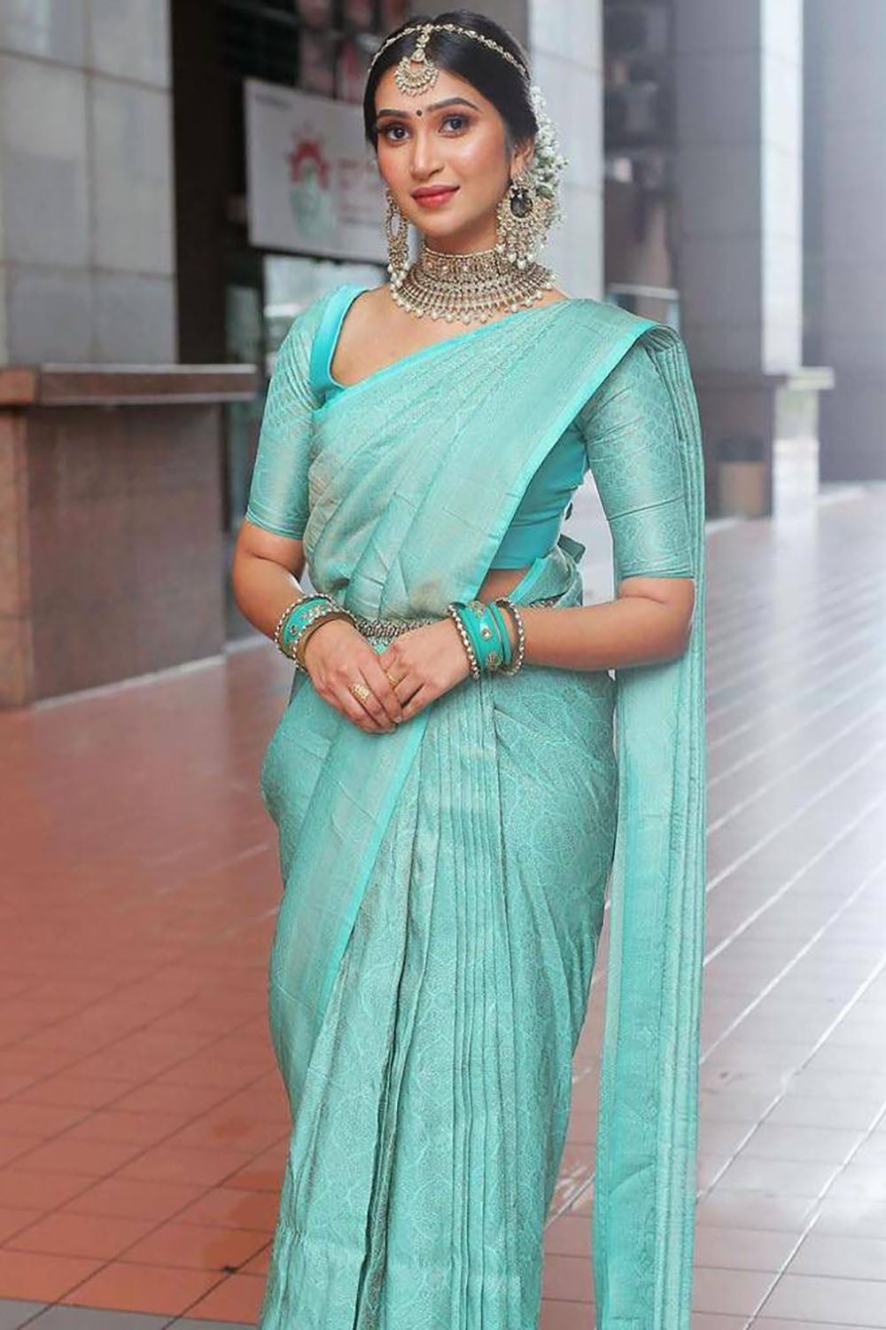 Traditional Sky Blue Banarasi Silk Saree With Zari Weaving Work