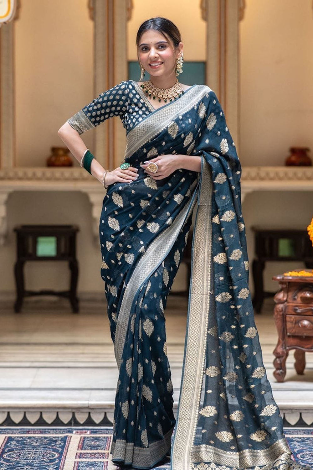 Navy Blue Cotton Saree With Weaving Work