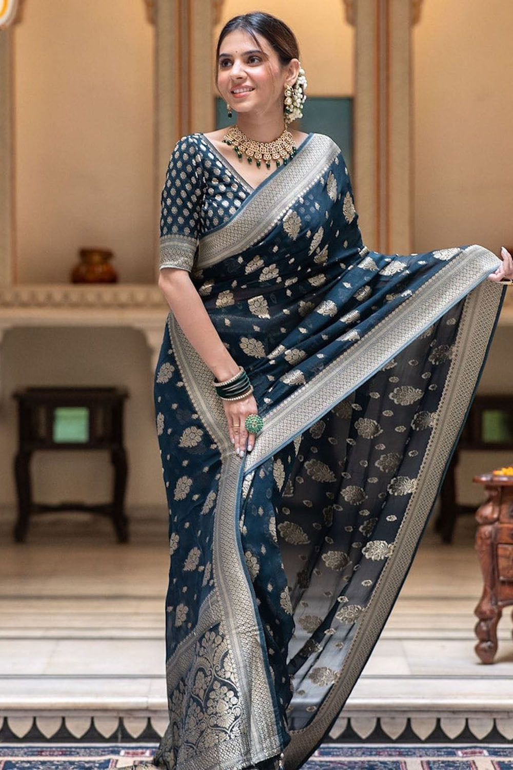 Navy Blue Cotton Saree With Weaving Work