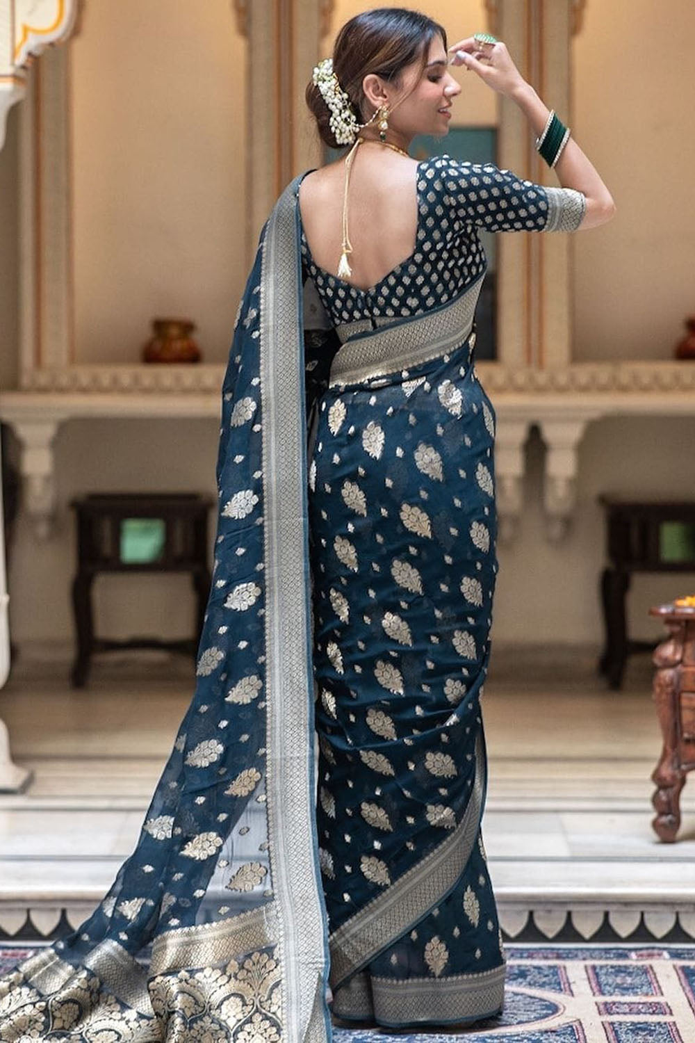 Navy Blue Cotton Saree With Weaving Work