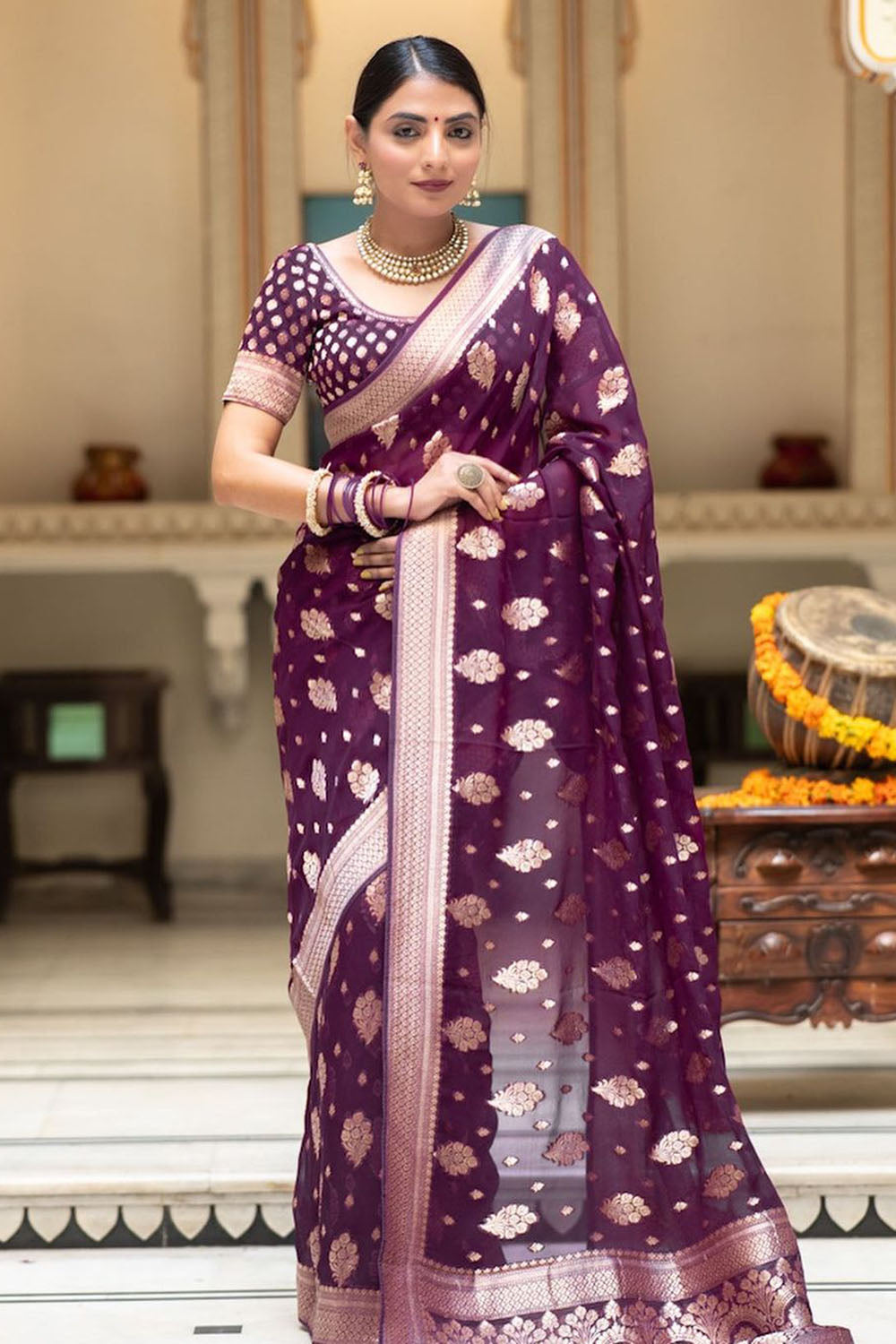 Wine Cotton Saree With Weaving Work