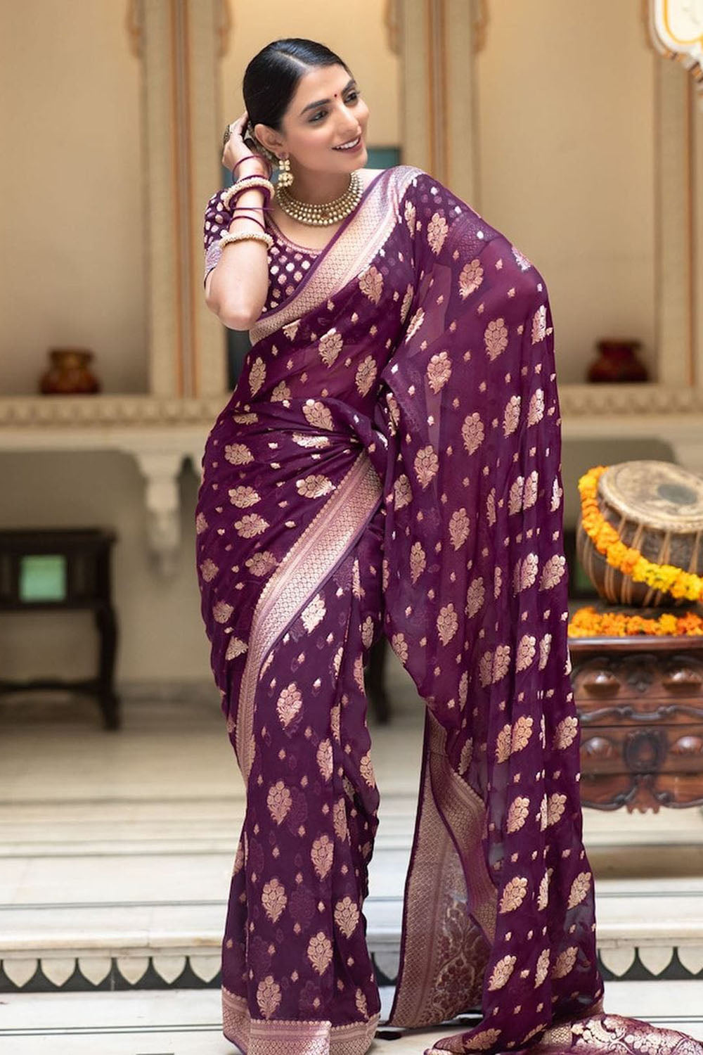 Wine Cotton Saree With Weaving Work