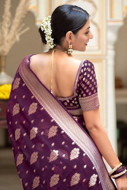 Wine Cotton Saree With Weaving Work