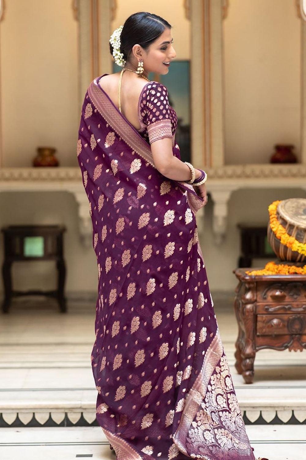 Wine Cotton Saree With Weaving Work